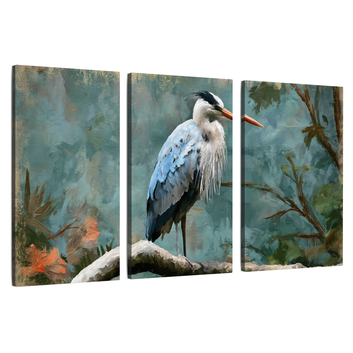 Blue heron oil painting 3 piece canvas wall art set on a white background