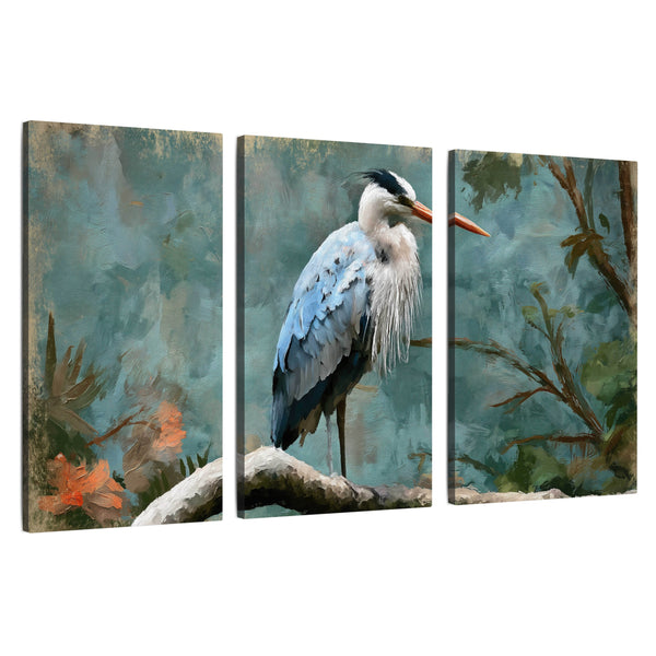 Blue Heron Oil Painting Wall Art – Teal Botanical Bird on Branch