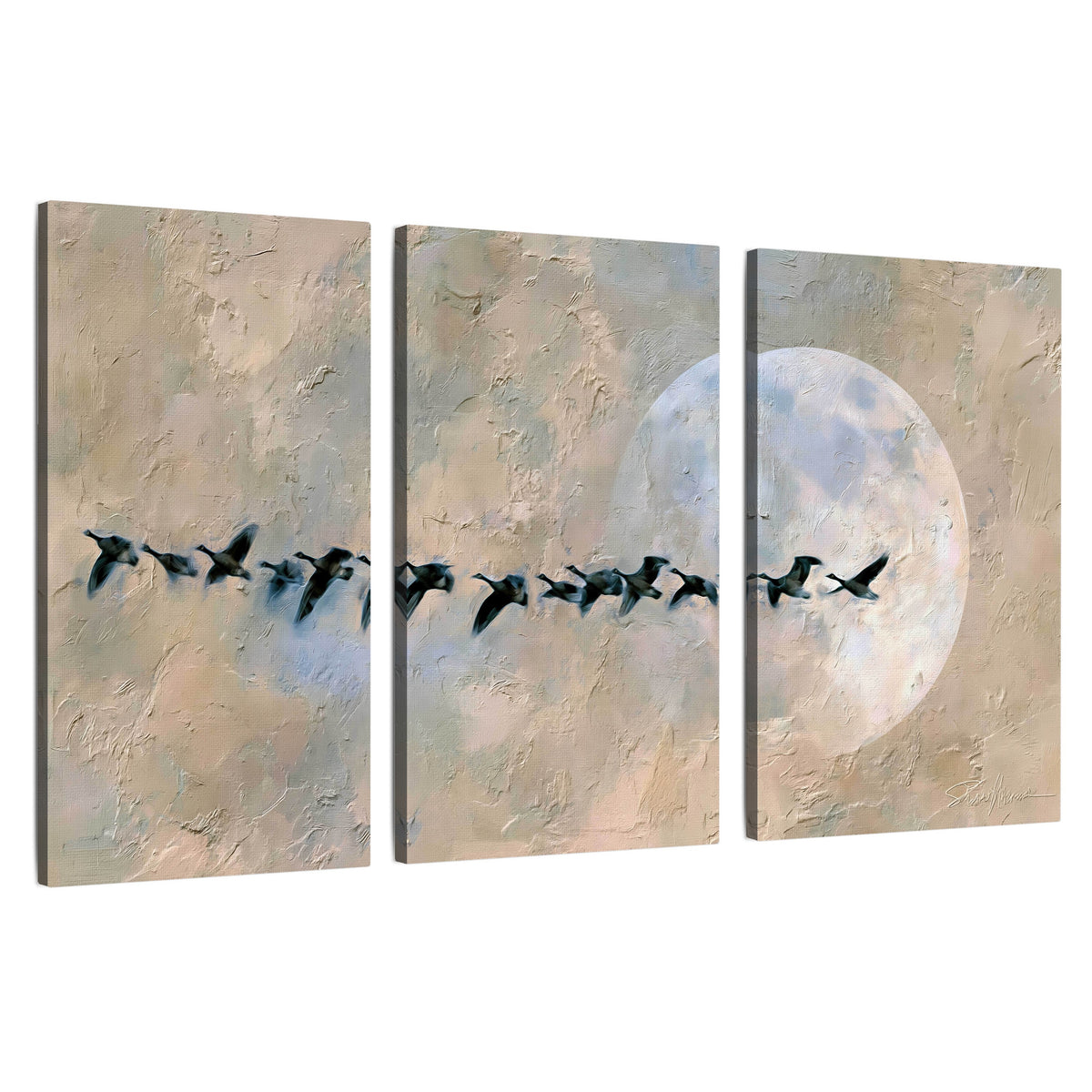 Geese flying across the moon painting 3 piece canvas wall art set on a white background