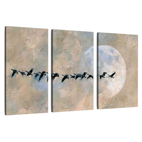 Geese Flying Across the Moon Wall Art – Textured Neutral Bird Painting