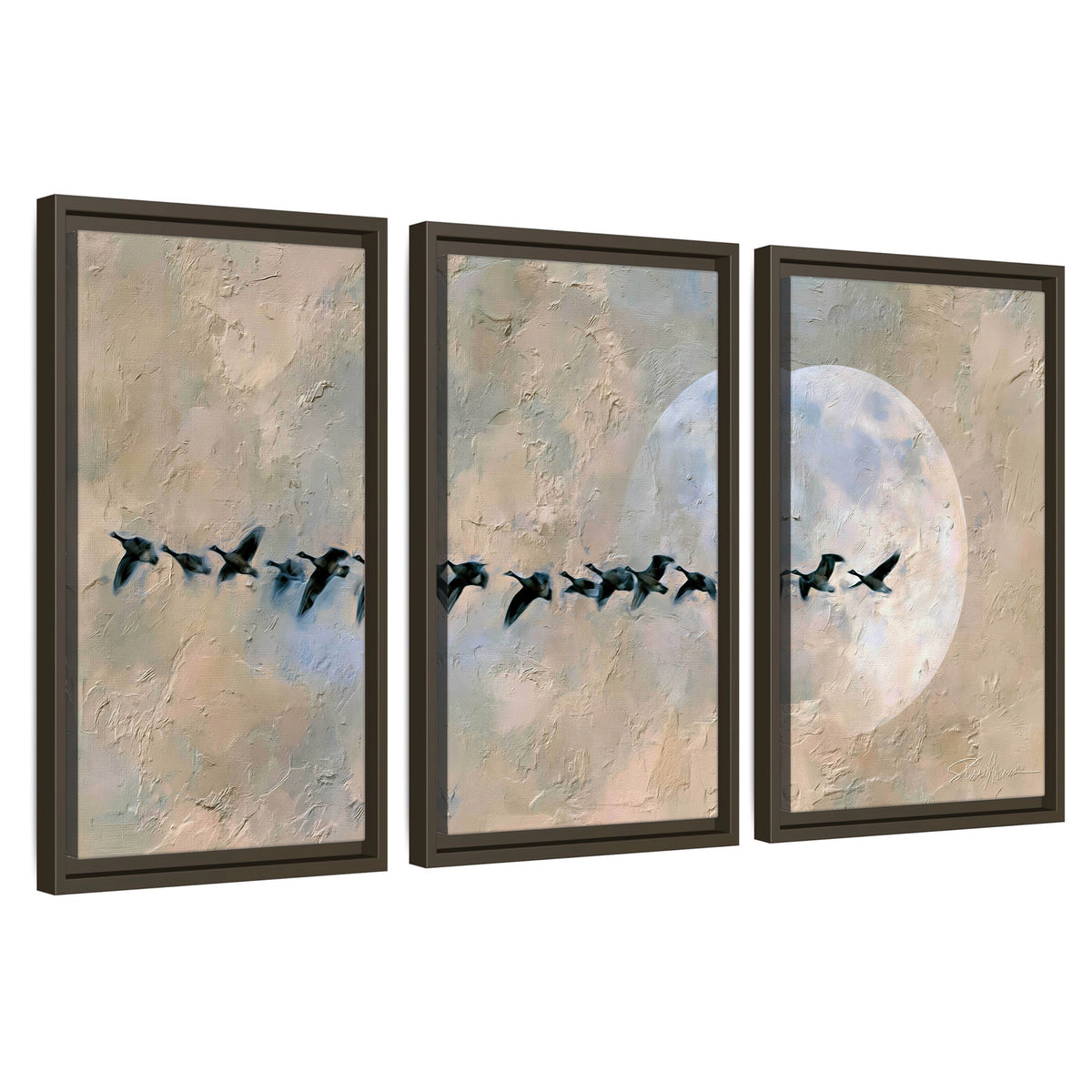 Geese flying across the moon painting 3 piece framed canvas wall art set on a white background