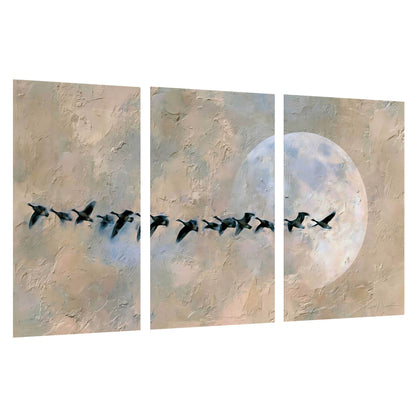 Geese flying across the moon painting set of 3 poster prints on a white background
