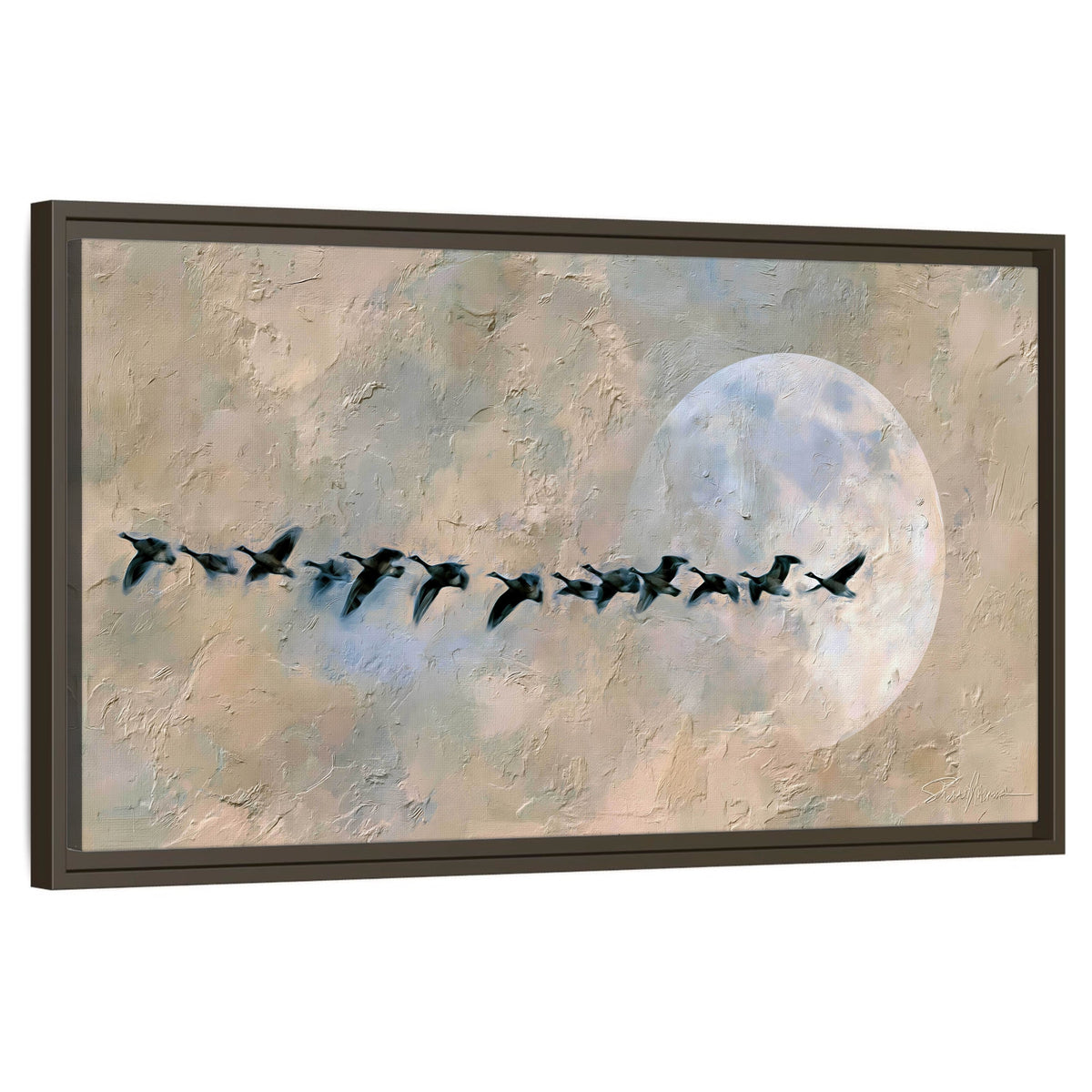 Geese flying across the moon painting framed canvas wall art on a white background