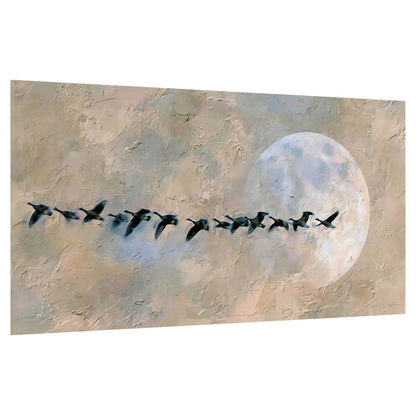 Geese flying across the moon painting poster print on a white background