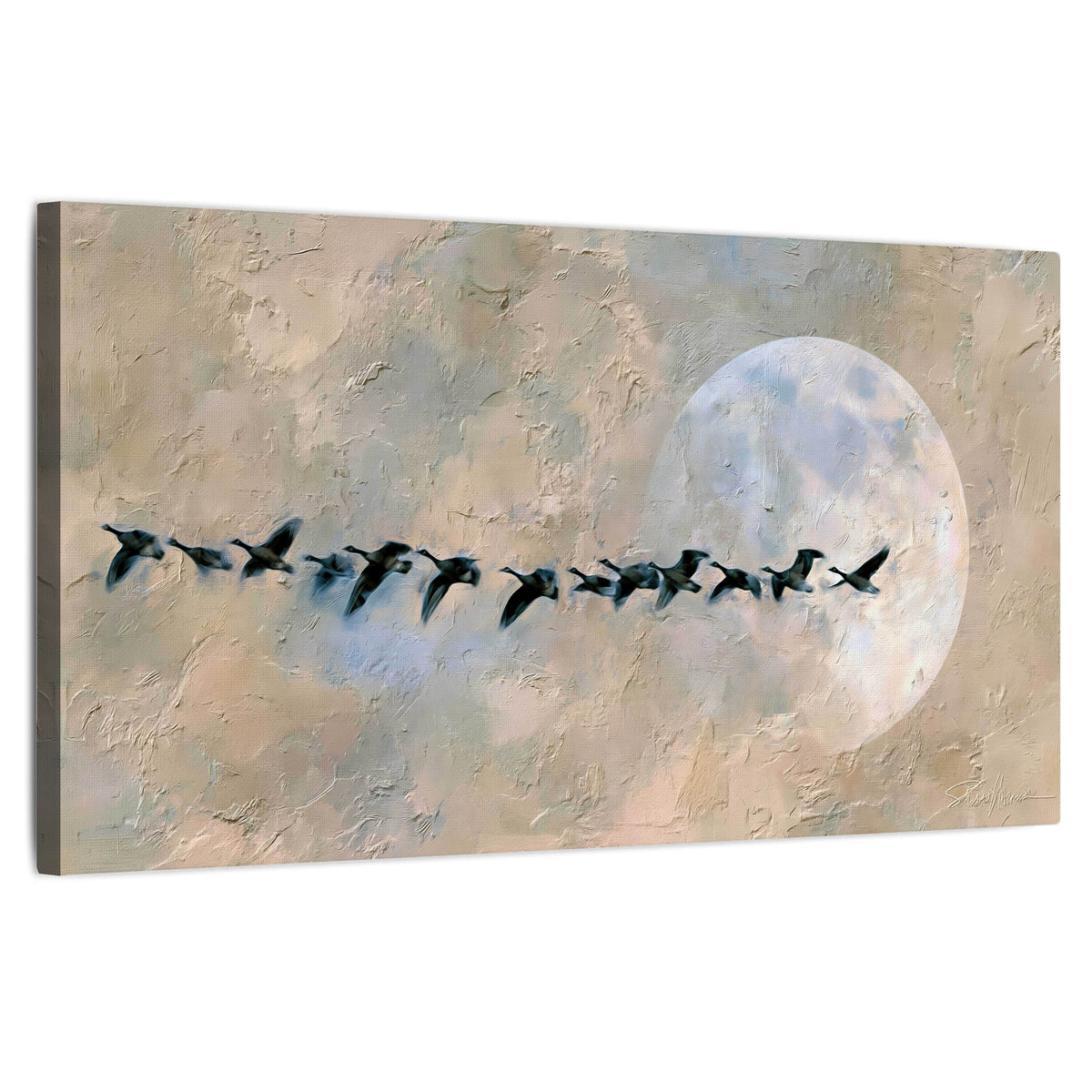 Geese flying across the moon painting stretched canvas wall art on a white background