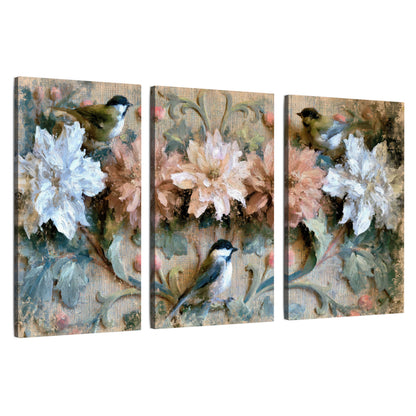 Chickadee birds and flowers painting 3 piece canvas wall art set on a white background
