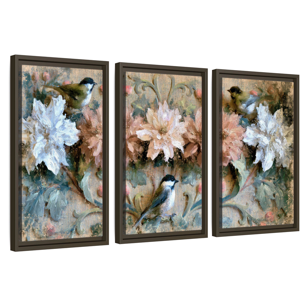 Chickadee birds and flowers painting 3 piece framed canvas wall art set on a white background