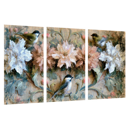 Chickadee birds and flowers painting set of 3 poster prints on a white background