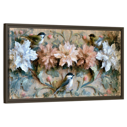 Chickadee birds and flowers painting framed canvas wall art on a white background