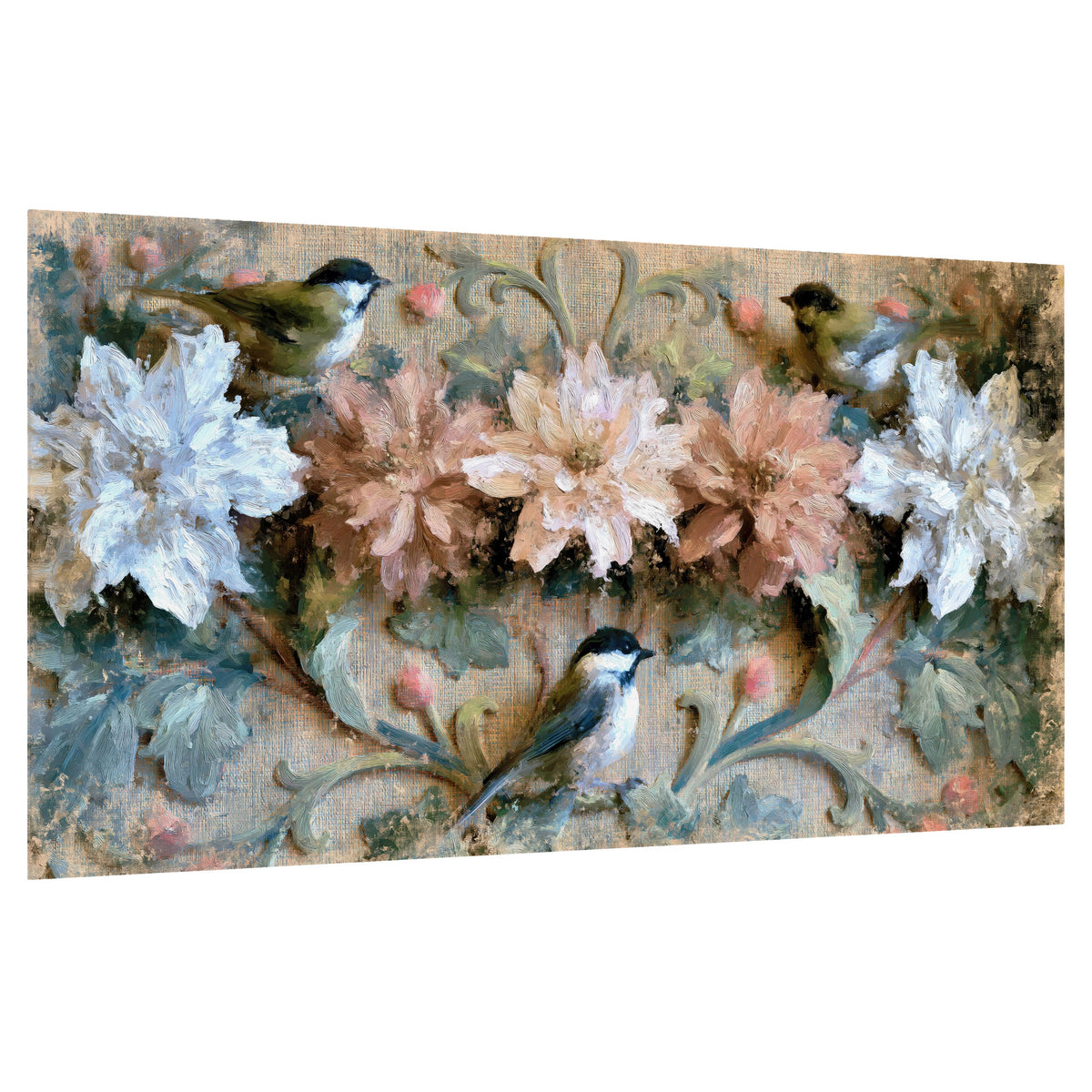Chickadee birds and flowers painting poster print on a white background