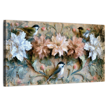 Chickadee birds and flowers painting stretched canvas wall art on a white background