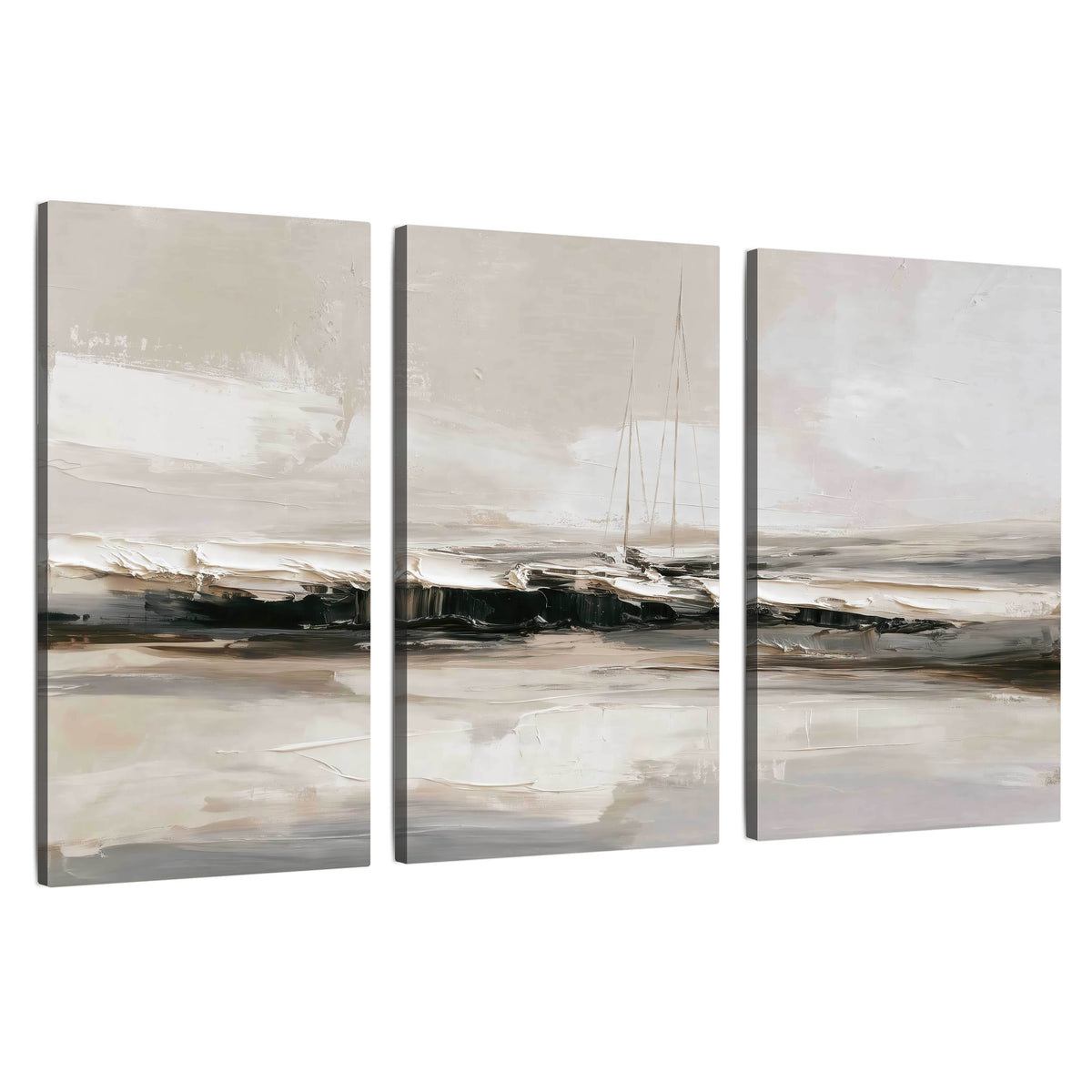 Abstract seascape with sailboats painting 3 piece canvas wall art set on a white background