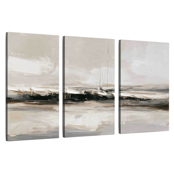 Abstract Seascape Sailboats Wall Art – Neutral Coastal Painting