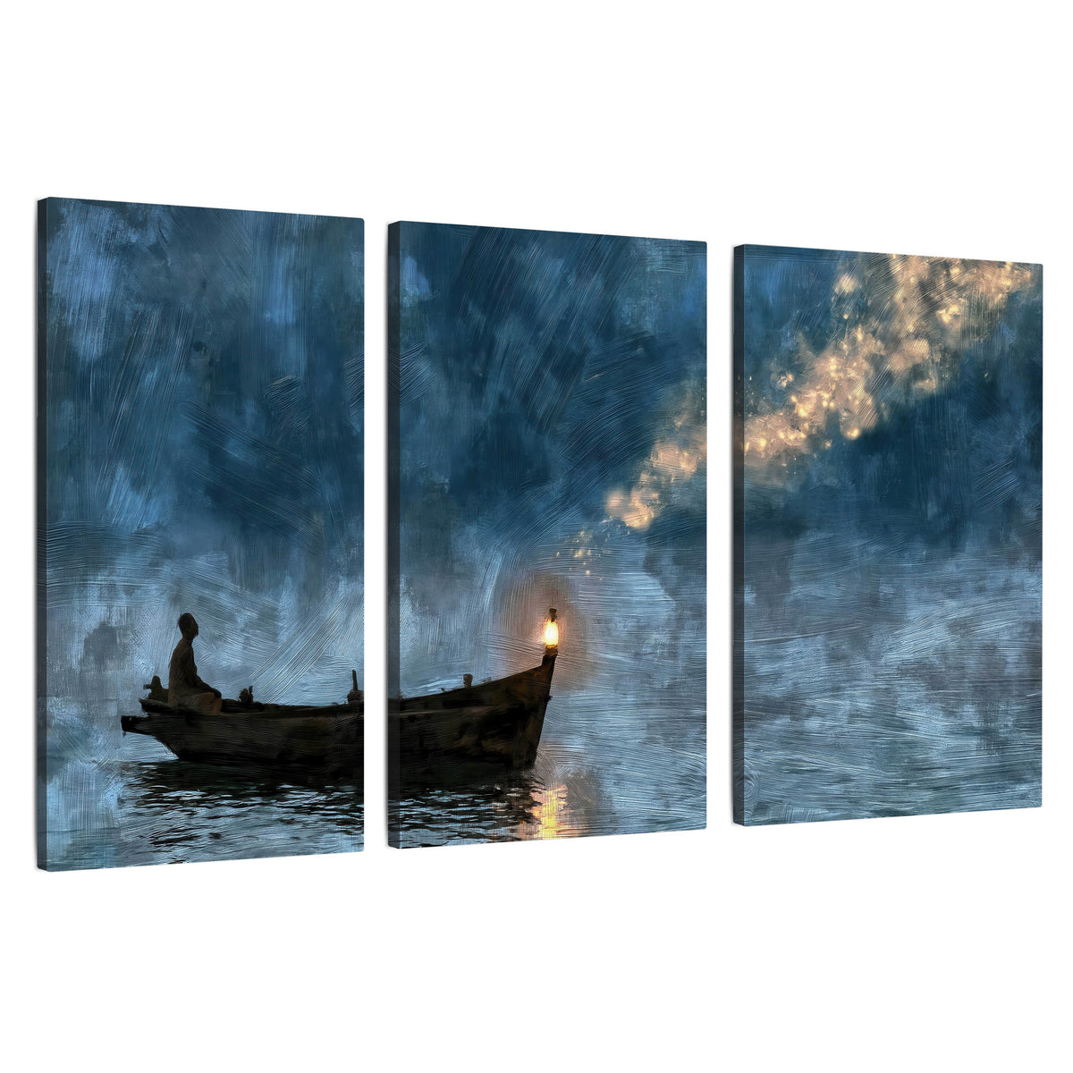 Night boat with lantern painting 3 piece canvas wall art set on a white background