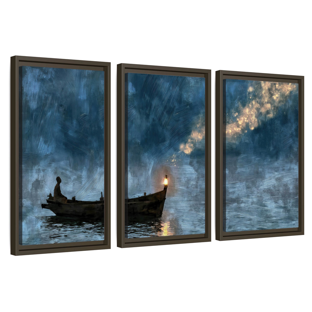 Night boat with lantern painting 3 piece framed canvas wall art set on a white background