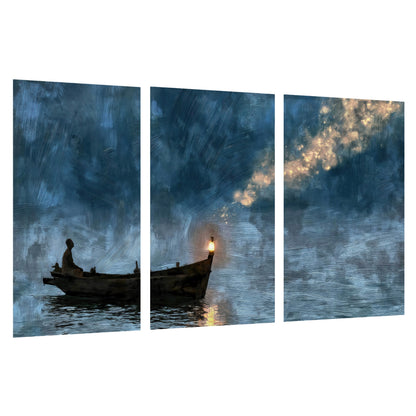 Night boat with lantern painting set of 3 poster prints on a white background