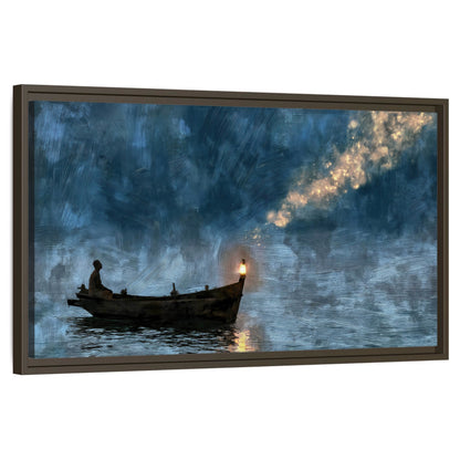 Night boat with lantern painting framed canvas wall art on a white background