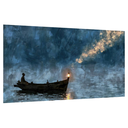 Night boat with lantern painting poster print on a white background