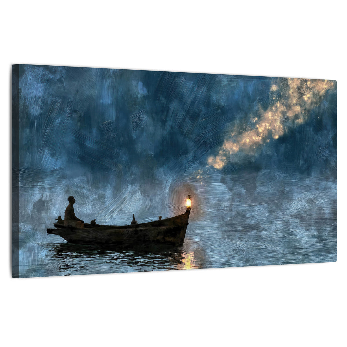 Night boat with lantern painting stretched canvas wall art on a white background