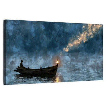 Night boat with lantern painting stretched canvas wall art on a white background