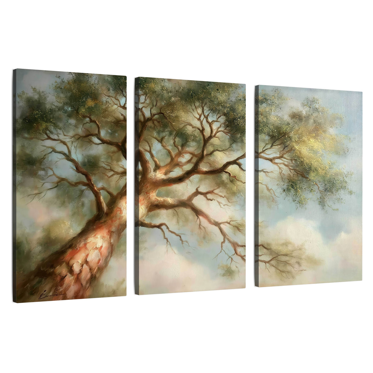 Majestic tree canopy painting 3 piece canvas wall art set on a white background
