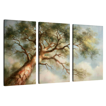 Majestic tree canopy painting 3 piece canvas wall art set on a white background