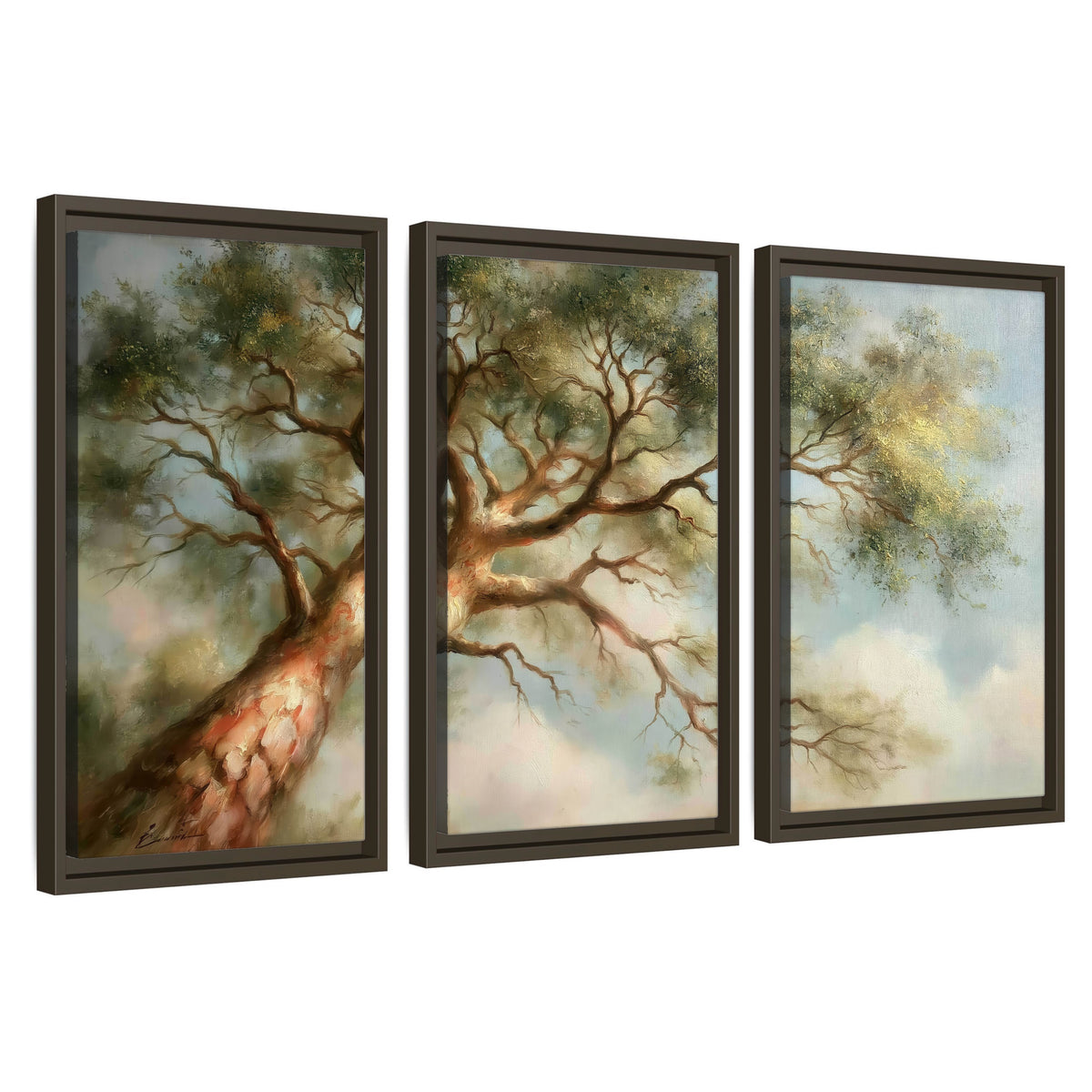 Majestic tree canopy painting 3 piece framed canvas wall art set on a white background