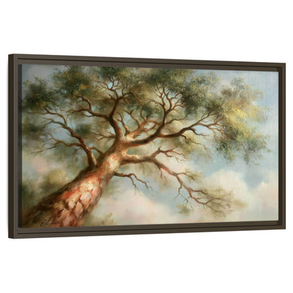 Majestic tree canopy painting framed canvas wall art on a white background