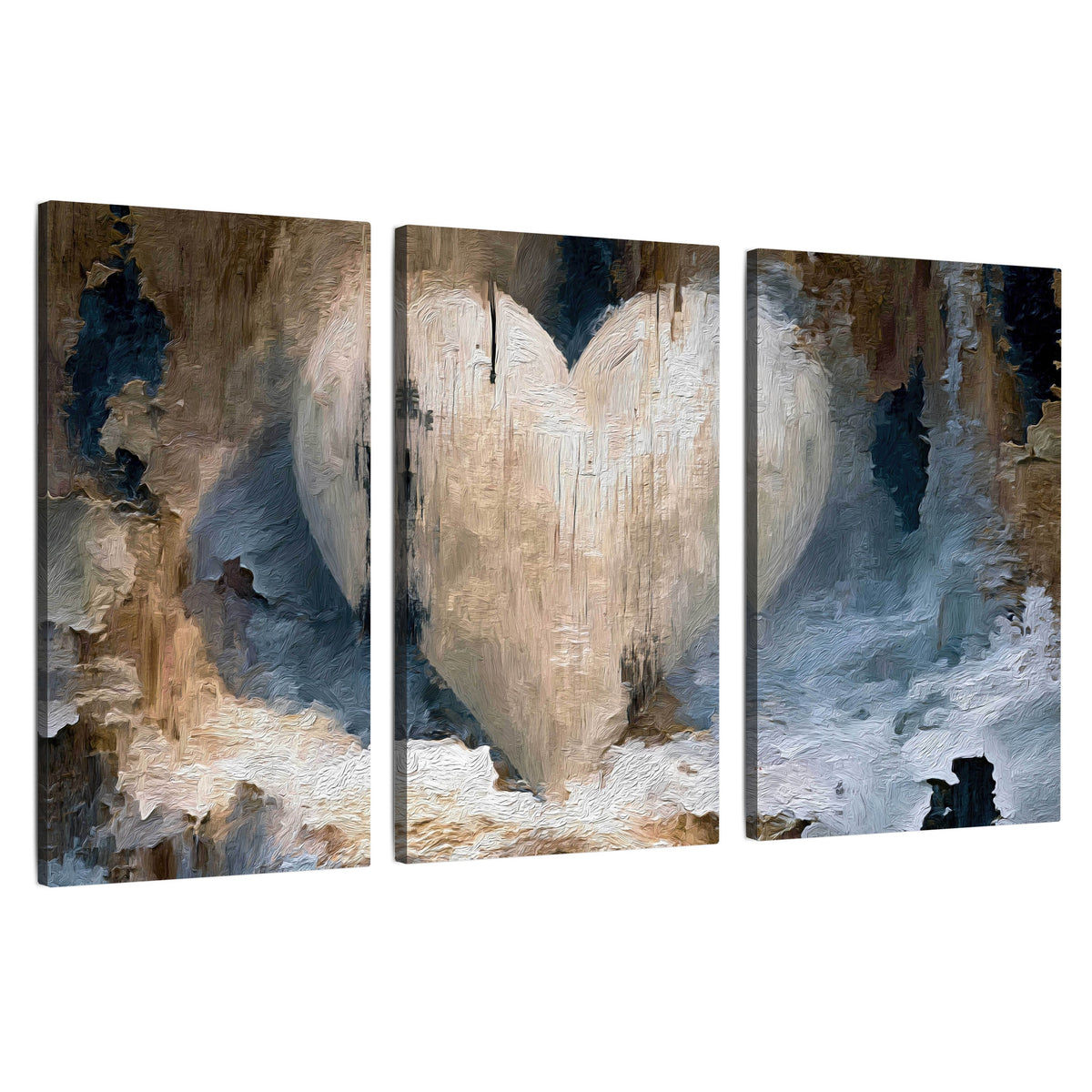 Rustic heart abstract painting 3 piece canvas wall art set on a white background