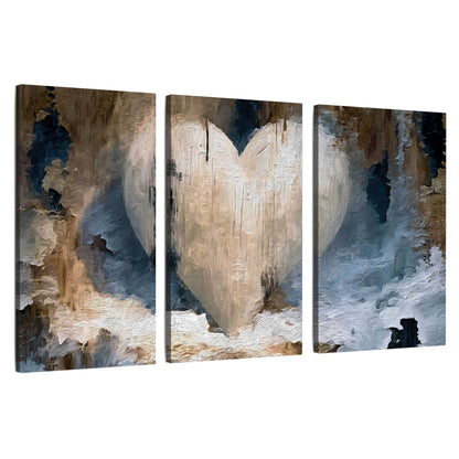 Rustic heart abstract painting 3 piece canvas wall art set on a white background