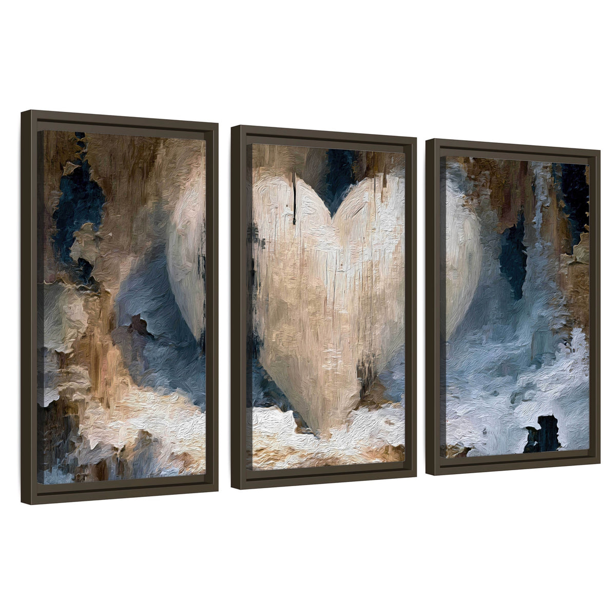 Rustic heart abstract painting 3 piece framed canvas wall art set on a white background