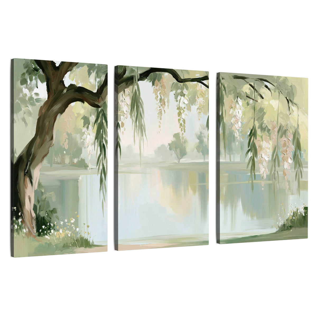 Willow tree by the lake painting 3 piece canvas wall art set on a white background