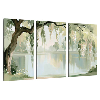 Willow tree by the lake painting 3 piece canvas wall art set on a white background
