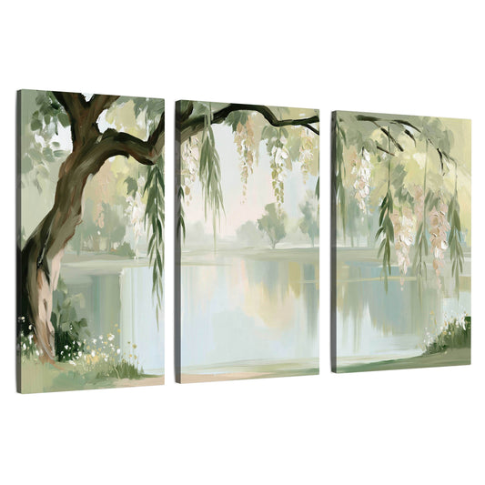 Willow tree by the lake painting 3 piece canvas wall art set on a white background