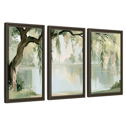 Willow tree by the lake painting 3 piece framed canvas wall art set on a white background