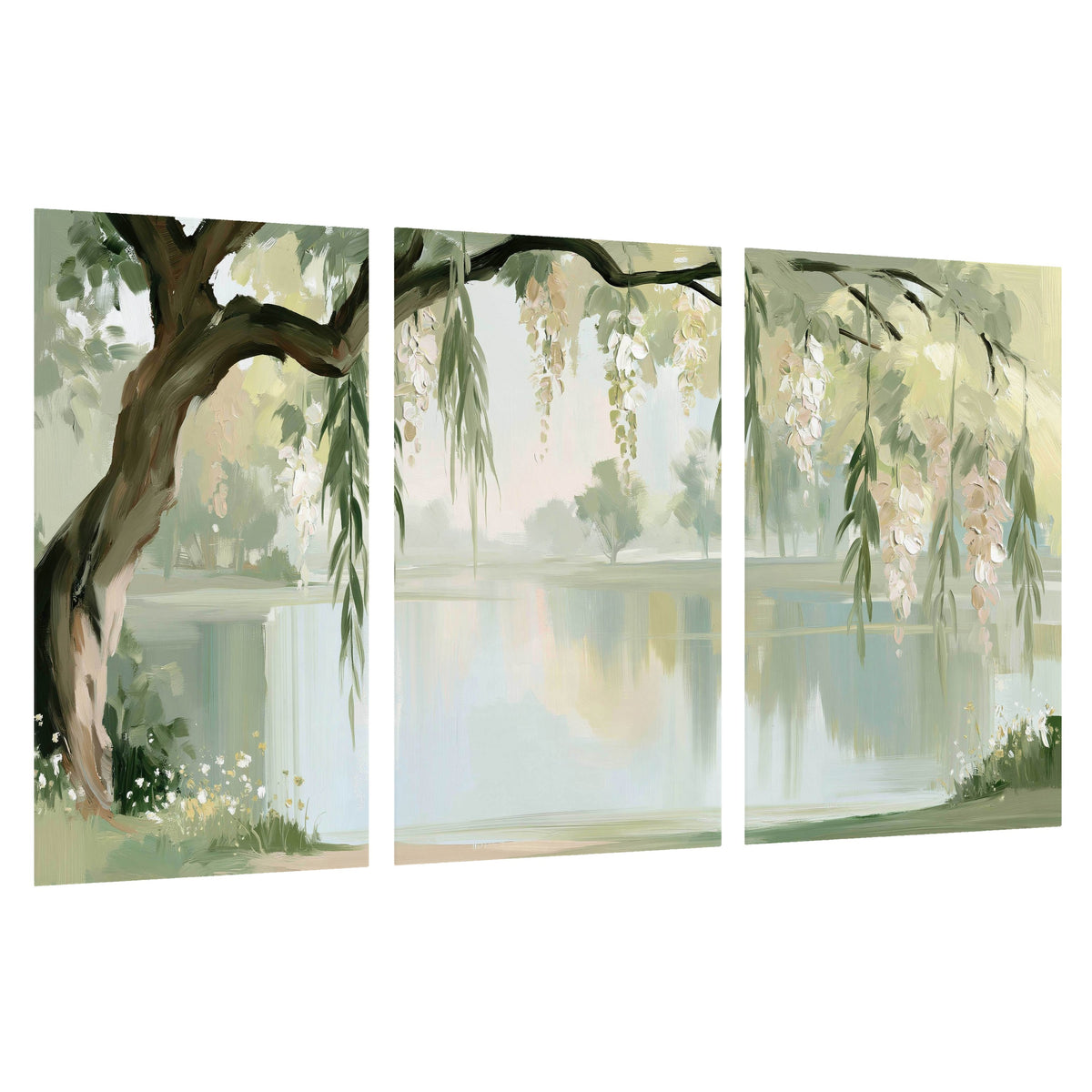 Willow tree by the lake painting set of 3 poster prints on a white background