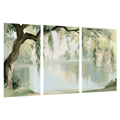 Willow tree by the lake painting set of 3 poster prints on a white background