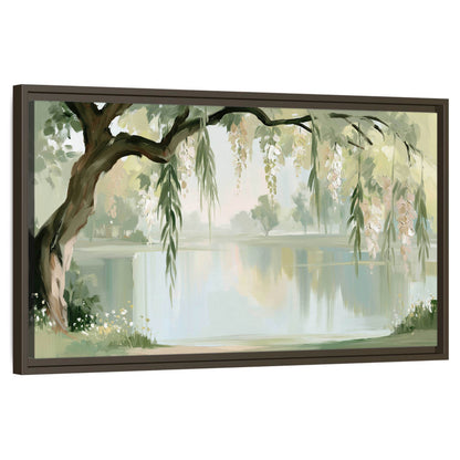 Willow tree by the lake painting framed canvas wall art on a white background