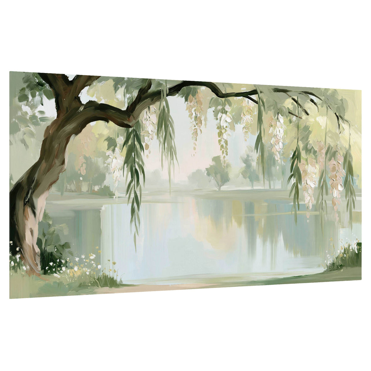 Willow tree by the lake painting poster print on a white background