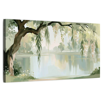 Willow tree by the lake painting stretched canvas wall art on a white background
