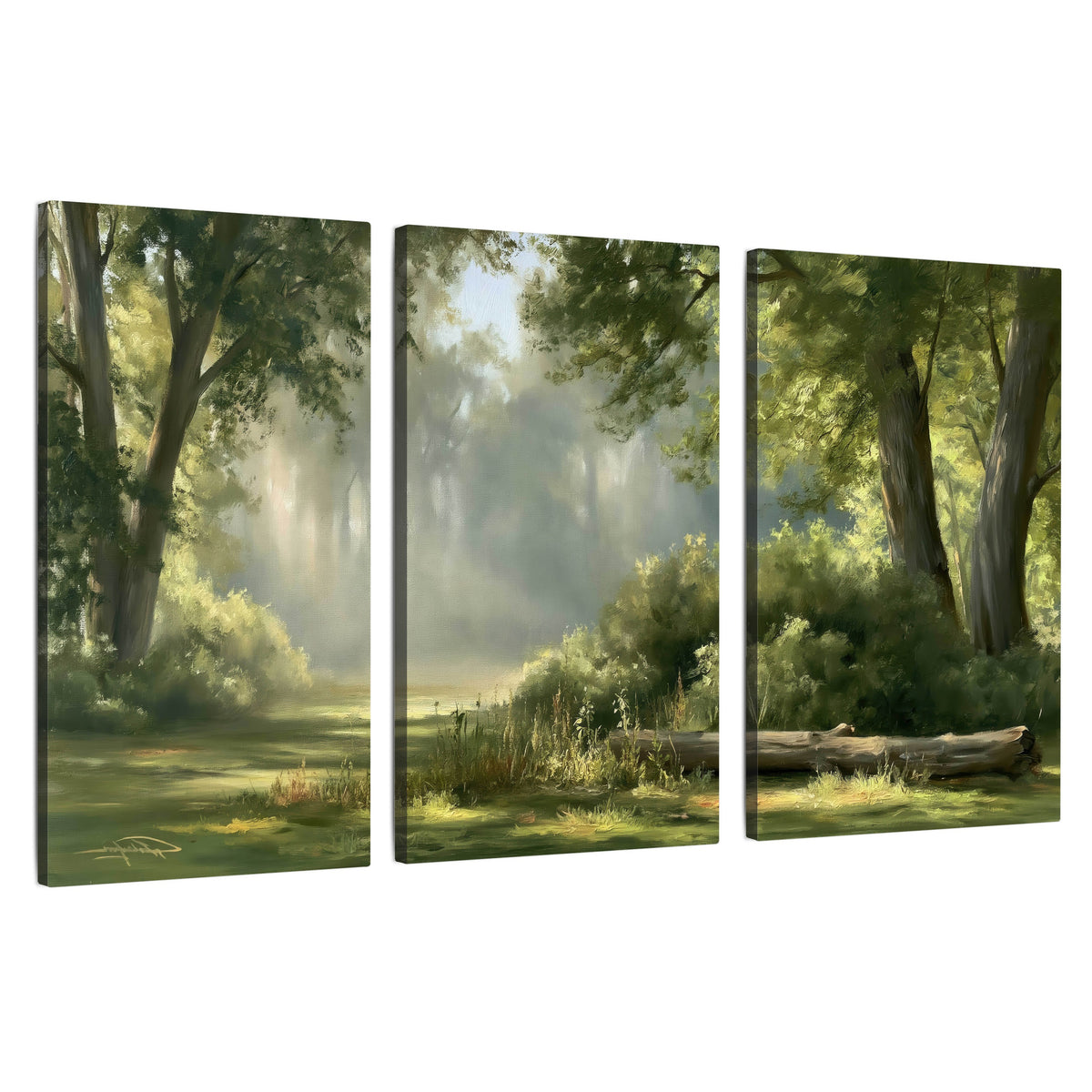 Sunlit forest glade painting 3 piece canvas wall art set on a white background