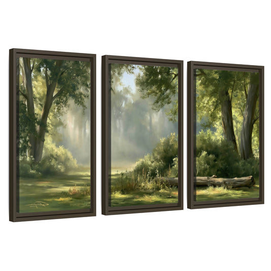 Sunlit forest glade painting 3 piece framed canvas wall art set on a white background