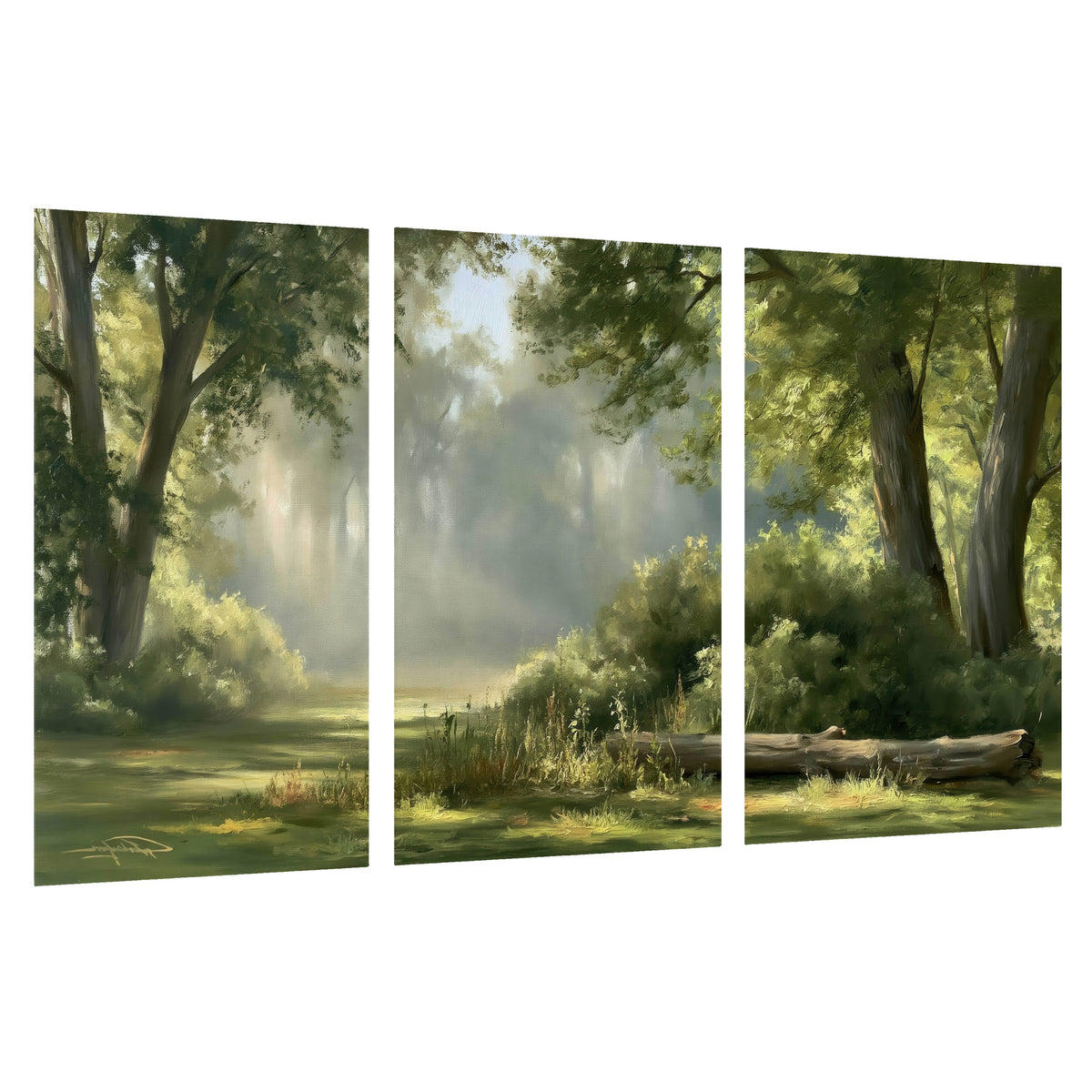 Sunlit forest glade painting set of 3 poster prints on a white background
