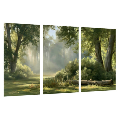 Sunlit forest glade painting set of 3 poster prints on a white background