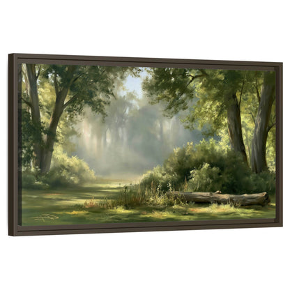 Sunlit forest glade painting framed canvas wall art on a white background