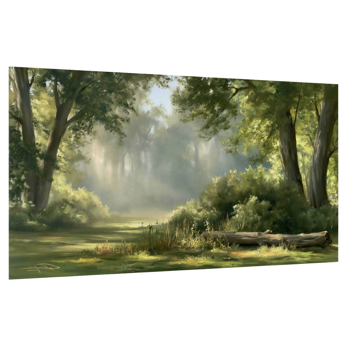 Sunlit forest glade painting poster print on a white background