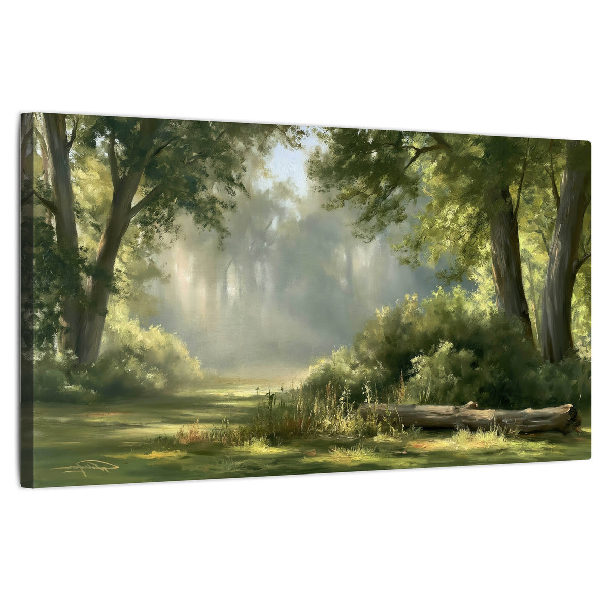Sunlit forest glade painting stretched canvas wall art on a white background