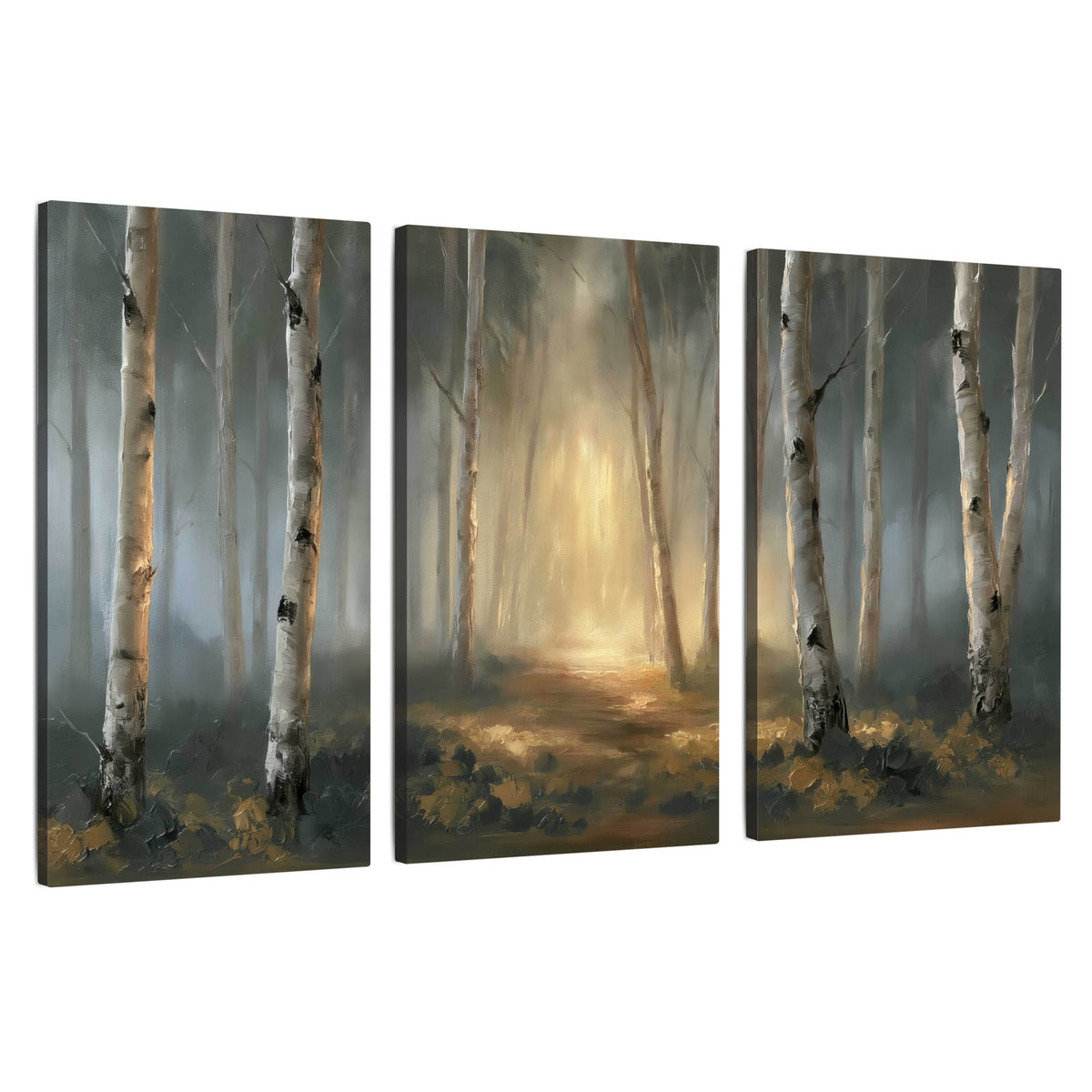 Misty birch forest painting 3 piece canvas wall art set on a white background