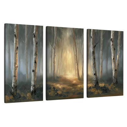 Misty birch forest painting 3 piece canvas wall art set on a white background