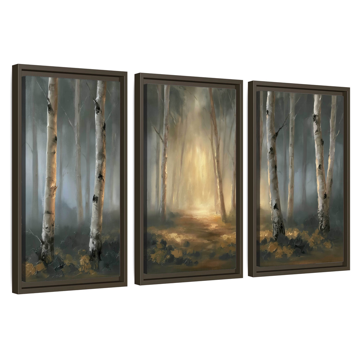 Misty birch forest painting 3 piece framed canvas wall art set on a white background